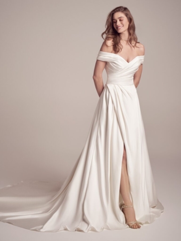 Falling on the end of the ultra-luxe fairytale spectrum - a satin off the shoulder wedding dress designed for exceptional wedding portraits. All Ivory and sizes UK2-UK30