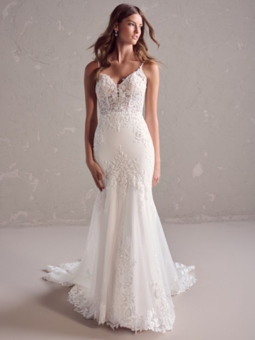 A romantic mermaid wedding dress with the prettiest feminine lace detailing. Available with plain or sparkle tulle. Ivory over Soft Pearl or Ivory over Nude Sizes UK2-UK30