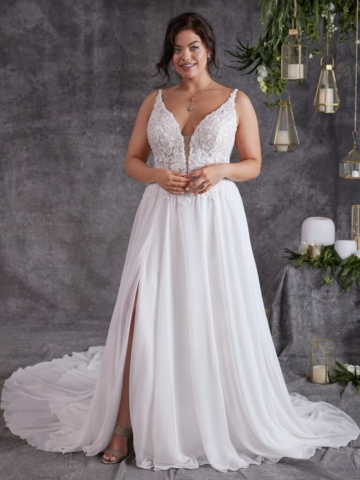 Dare to bare? Take the plunge with this deep V neck chiffon wedding dress in irresistible lightweight layers. Available in All ivory and Ivory Natural illusion sizes UK2-UK30