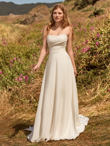 A modern fairytale princess gown with a flattering scooped neckline and the softest chiffon. Available with matching lightweight sleeves . Available in All Ivory and sizes UK2-UK30