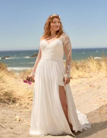 Looking for something light and airy with a little added coverage? Opt for this beaded chiffon long sleeve wedding dress in flowy layers. All ivory with ivory Illusion sizes UK2-UK30